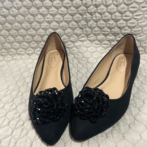 Elegant Black Flats with Beaded Floral Design